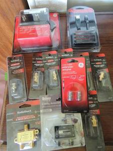 lot 69 image: All new items 5 plus cable adapters, 2 way cable coax splitter, Gigaware USB 12 male cable, GE video signal amplifier with return path 24dB