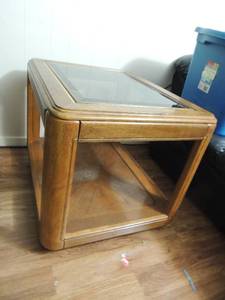 lot 97 image: Small brown end table with glass top some scratches 20x26x21
