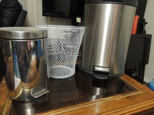 lot 107 image: 3 small trash cans. 2 are silver one is white wicker