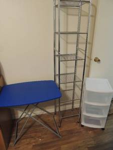 lot 109 image: Silver metal bathroom shelf stands 66highx 11wide, blue fold up table3 drawer rolling storage shelf