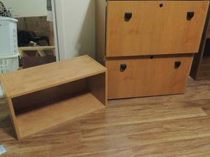 lot 9 image: WOOD  2 DRAWER LATERAL FILE CABINET WITH LOCKS (KEYS INCLUED)  and  SHELF