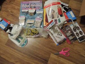 lot 120 image: Bead palette tray NIB stich patterns beads all new scissors, Velcro, extension cords, grounding adapters new