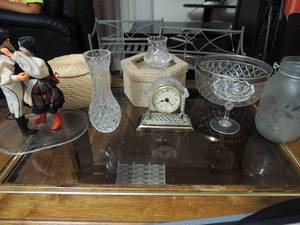 lot 131 image: Various vases, wicker basket, crystal bowl, large mason jar, candle holder crystal clock