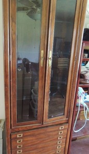 lot 1 image: Oriental style Curio Cabinet  Glass Door with 4 glass shelves, 3 drawers     84 H x 29 W x 16 D