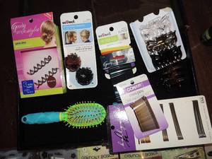 lot 247 image: Hair lot- Scrunch ponytail, band spin pins butterfly clips Bobbie pins and small brush