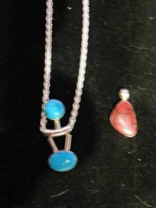 lot 215 image: Sterling silver pendant red turquoise 1 x 34   &  double turquoise    both marked, silver color chain 18