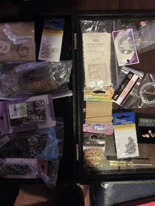 lot 212 image: Jewlery making supplies- split rings, clasps, beads, bead accessories, fashion buckle, d-rings, earring cushions and leather cording