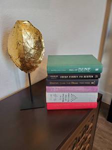 lot 28 image: Resin Tortoise Shell on Metal Stand with 6 Books