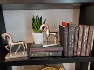 lot 31 image: Metal Horse Figurines, Faux Succulent & 8 Books