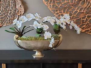 lot 37 image: Metal Container with Faux Orchid