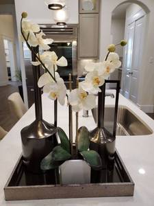 lot 57 image: Deco Metal Vases, Tray and Faux Orchid