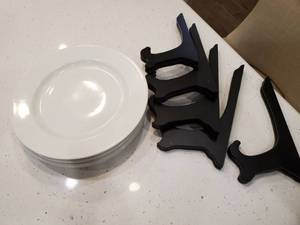 lot 63 image: White Threshold Porcelain Dinner Plates with Plate Stands