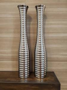 lot 88 image: Pair of Silver Ceramic Ribbed Vases