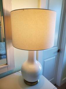 lot 185 image: Table Lamp with White Glass Body & Linen Shade