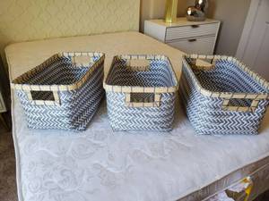 lot 212 image: 3 Grey & White Woven Baskets