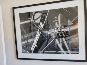 lot 258 image: Framed Bike Part Print with Glass Bicycle