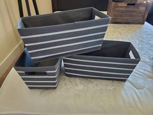 lot 272 image: 3 Grey & White Striped Bins