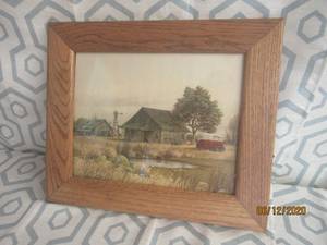 lot 63 image: SOLID OAK FRAMED BARNYARD PRINT BY SPECK&nbsp18 12 L X 15 12 H&nbsp