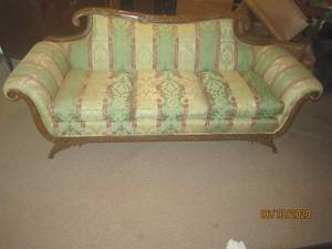 lot 143 image: VICTORIAN CARVED ROLL ARM UPHOLSTERED SOFA