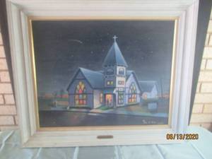 lot 194 image: FRAMED OIL PAINTING UNITED METHODIST CHURCH BY IRA J FITE 1986
