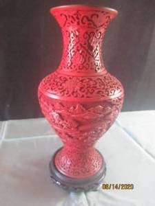 lot 205 image: CINNABAR CARVED VASE WITH FITTED BASE 14H