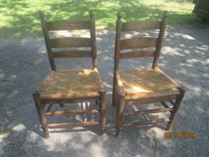 lot 246 image: LADDER BACK CHAIRS WITH RUSH SEATS. SET OF 2