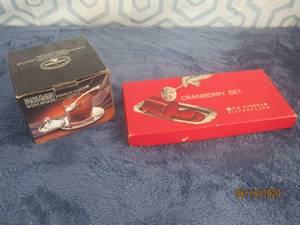 lot 471 image: 2 PC VINTAGE SILVER PLATE&nbsp&nbsp- CRANBERRY SET IN ORIGINAL BOX&nbsp&nbsp- STRAWBERRY DESTINATION JAR WITH SPOON IN ORIGINAL BOX&nbsp