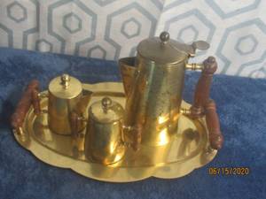 lot 430 image: 4 PC VINTAGE CARTER CRAFT DECORATIVE BRASS WOOD MID CENTURY DANISH MODERN COFFEE TEA POT SET TEAK RETRO WITH TRAY&nbsp