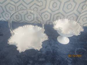 lot 452 image: FENTON CASED GLASS SILVER CREST WHITE MILK GLASS HANDLED BASKET AND COMPOTE