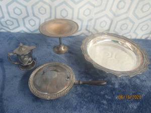 lot 453 image: 4 PC VINTAGE SILVER PLATE&nbsp-VINTAGE SILVER PLATE PAN HINGED LID W HORSE CROWN WOOD HANDLE&nbsp- SILVER PLATE COMPOTE&nbsp-VINTAGE SILVER PLATE CREAMER&nbsp&nbsp- SILVER PLATE FOOTED BOWL&nbsp