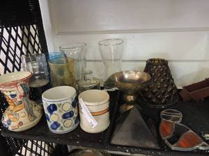 lot 19 image: Stained glass praying child & bird, boot glass with gold trim, 2 coffee cups, a glass lamp cover and more