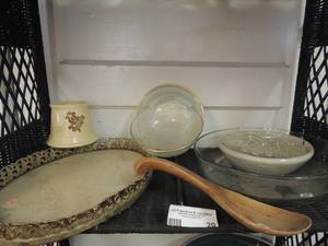 lot 20 image: 4 soup bowls with gold rim, yellow shaving set, 12 oval wall mirror, old wooden spoon