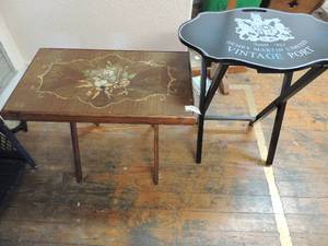 lot 23 image: Vintage wooden  and  Henery Martin Vintage port fold up table 26H x 25l x 12wfolding table 68Hx26lx15W