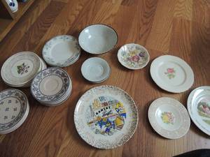 lot 35 image: Knowles saucers,Columbia  dessert plates, Royal China saucer,  Johnson bros, Cunningham & Pickett rose plate, 10th anniversary plate by Avon, fleur bros plates, Johnson Bros. saucers