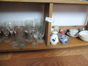 lot 39 image: Wine glasses  Levi jeans  glass, coca cola glass, Christmas GLASSES , green rippled  glass, fruit dcor s & p, red salt shaker & pink pepperr, Homer Laughlin bowl, purple S&P and Lefton china