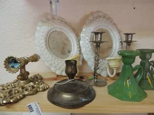 lot 46 image: 2 white candle wall sconces, silver NOEL candle holders with parrots, golden wall hanging candle holder and bottom of a candle holder