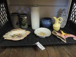 lot 52 image: Various glass dcor 2 blue flower covered cups, pink witch hat with yellow bird, royal crown shell design plate