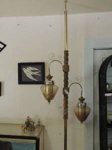 lot 54 image: Brown ceiling to floor lamp with double lamp s & shades 95h