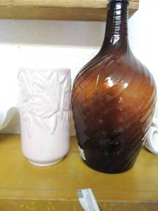 lot 57 image: Big vintage brown bottle, pink flowered vase