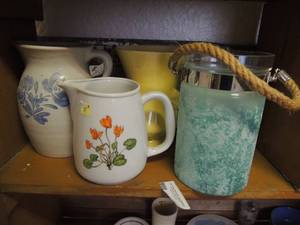 lot 59 image: Pottery pot, ice bucket vase, white flower vase, yellow McCoy vase and vintage flower pitcher
