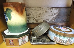 lot 60 image: Blueberry pot, milk brand baking powder container, Black teddy bear container, Public Texas sesquicentennial 1936-1986
