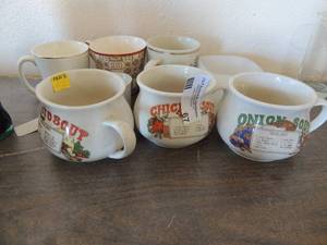 lot 67 image: 3 Soup bowls a deer mug a coffee hound mug and a super bowl xxvii coffee cup