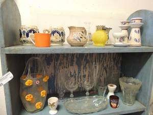 lot 76 image: 2 Germany cups hand painted fish cup 2 candle  holders blown glass  basket  various other glasses