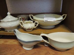 lot 79 image: Large soup dish no lid, 2 sugar dishes one without top and 2 gravy boats