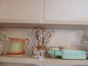 lot 88 image: Various vases   some blown glass   baby blue liquor bottle with cork