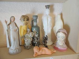 lot 96 image: RELIGIOUS - MARY, MARY CANDLE, PAPER ANGEL, AVE MARIA,  NUN, 2 METAL CHERUBS, AND MORE
