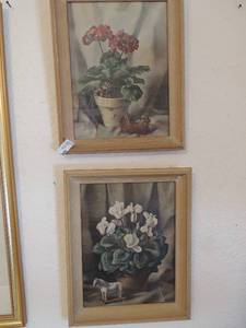 lot 99 image: 2 x 19x 15 harry lare photos of white Lillie sand a mini horse, wooden chicken and red flowers