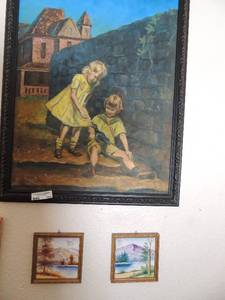 lot 103 image: 30x25 art of children feeding birds2 hand painted tiles in frame 7x7