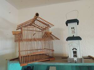 lot 110 image: small wooden homemade bird cage 15 X 15 X14 and 2 story white bird house feeder 13H