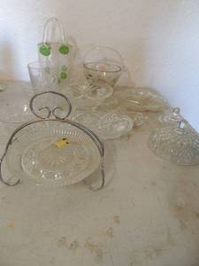 lot 113 image: Crystal lot- candy dishes, plate with stand, glass 2 jello bowls, 2 glass baskets with handles